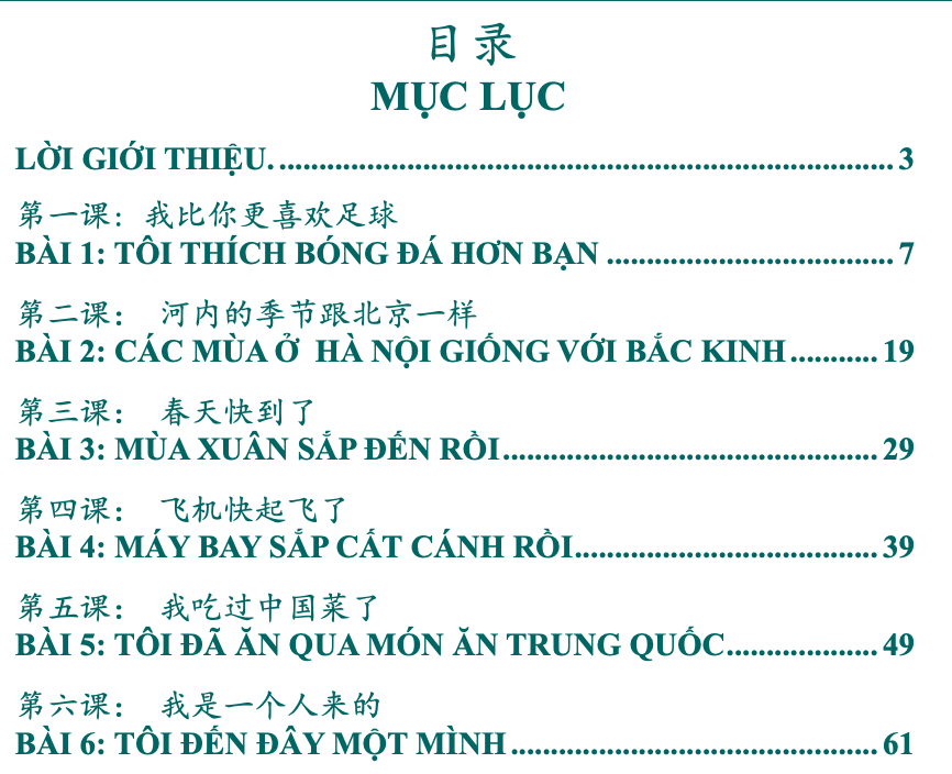 MỤC LỤC GIÁO TRÌNH HÁN NGỮ 3+4